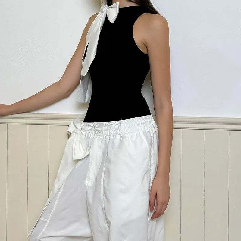Bow Contrast Color Sleeveless Leotard Women